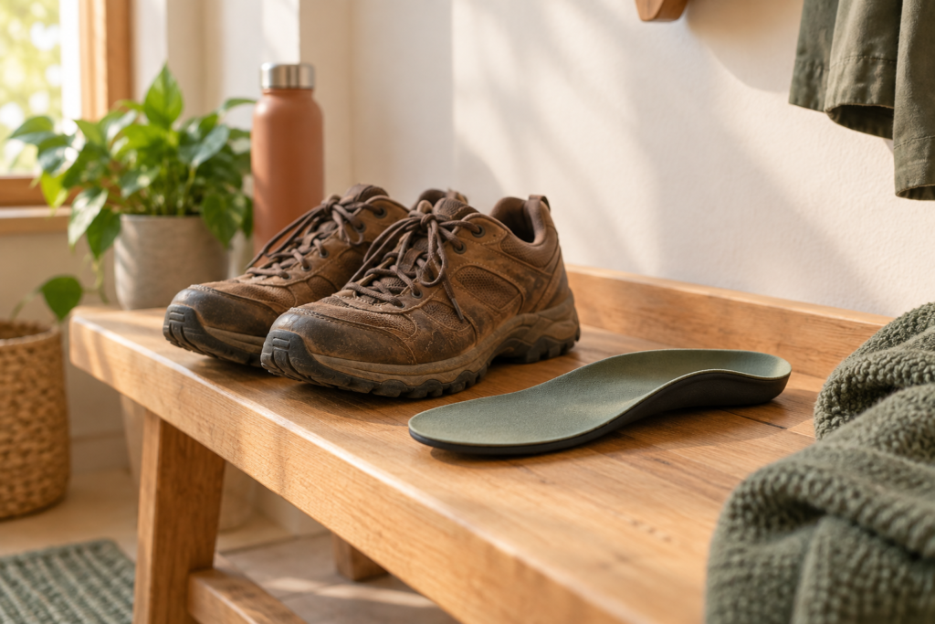 A pair of worn walking shoes beside a custom orthotic insole in warm natural light