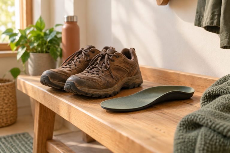 A pair of worn walking shoes beside a custom orthotic insole in warm natural light